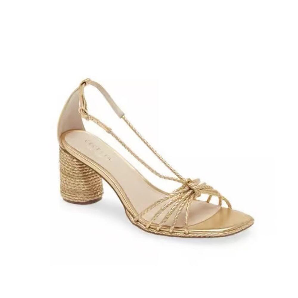 CECELIA NEW YORK Metallic Gold Braided T-Strap Block Heel Sandals
